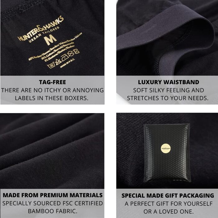 Боксерки чоловічі Hunter & Hawks, 4 шт. в упаковці, розмір S-6XL, м'які, антибактеріальні, дихаючі, чорні
