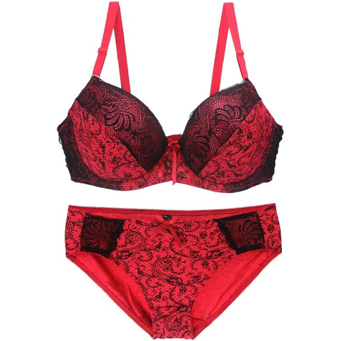 Чорний мереживний бюстгальтер та труси Moonbadi з пуш-ап, розмір 85E, червоний