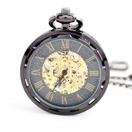 Чоловічий кишеньковий механічний годинник BOSHIYA Vintage Steampunk: скелетон, підзавод, з ланцюжком (чорний циферблат, круглий корпус)