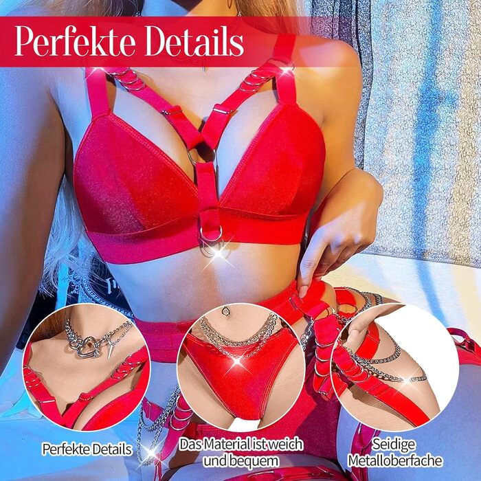 Ексклюзивна жіноча спідня білизна Deou: комплект з бюстгальтером, трусиками, поясом та боді. Червоний (L).