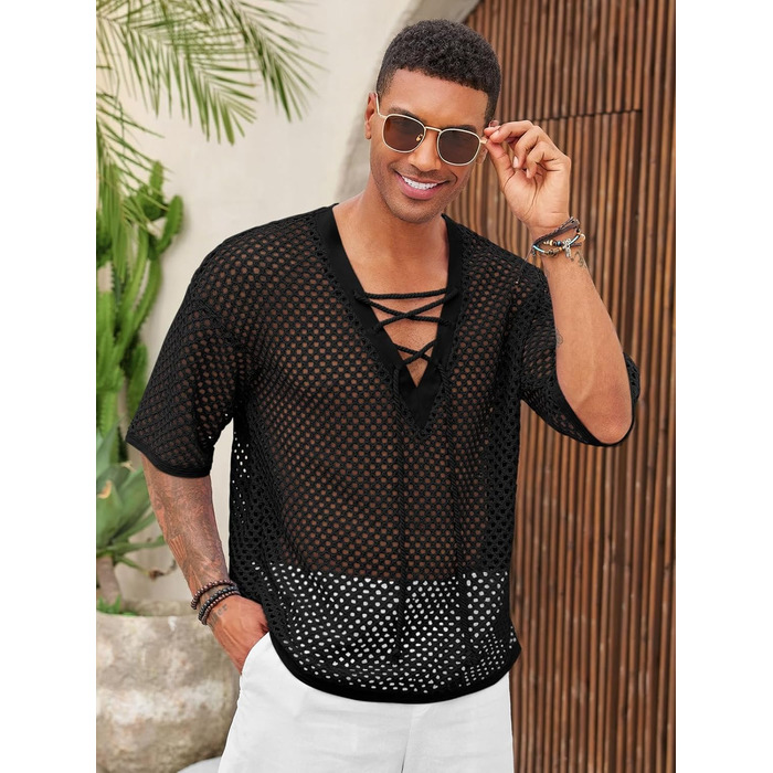 Чоловіча літня сорочка Runcati, шнурівка, V-подібний виріз, напіврукав, в'язана, мереживна, прозора, чорна, розмір L