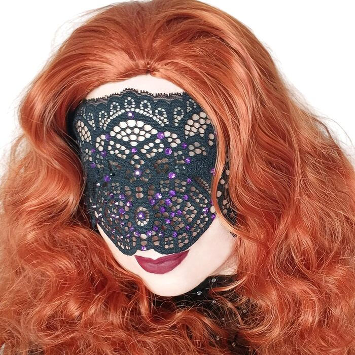 Чорна мереживна маска для жінок з чорними стразами, елегантна маска на половину обличчя, маска для маскараду та карнавалу, мереживна маска для вечірки з гумкою (Аметист)