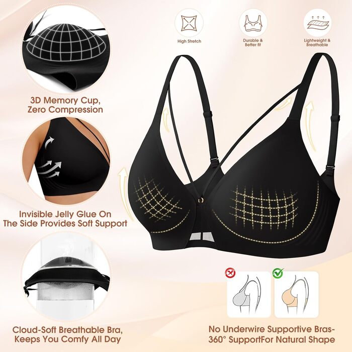 Чорний бюстгальтер без кісточок Push Up, безшовний, для сну, V-подібний виріз, класичний, M