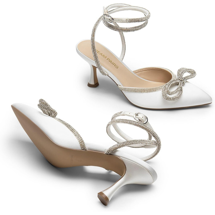 Жіночі туфлі Dream Pairs на низьких підборах (kitten heels) з декором у вигляді стразового банта, білі, розмір 43 EU