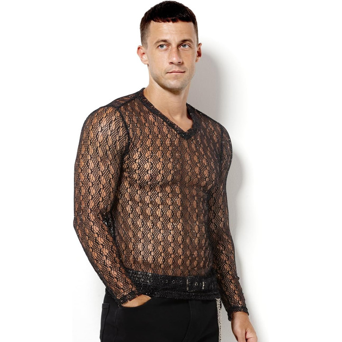 Муслін футболка Casey Kevin Herren Transparent, прозора сітка з довгим рукавом, сріблясті акценти, вертикальна смужка, V-подібний виріз, A2-чорний L