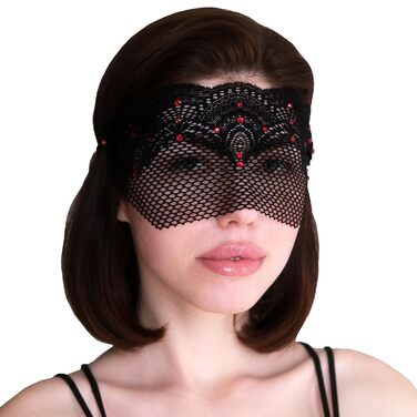 Чорна мереживна півмаска для жінок з червоними стразами – венеціанська маска для маскараду, карнавалу, весілля, вечірки, косплею, бурлеску та Марді Гра (Чорний (червоні стрази))