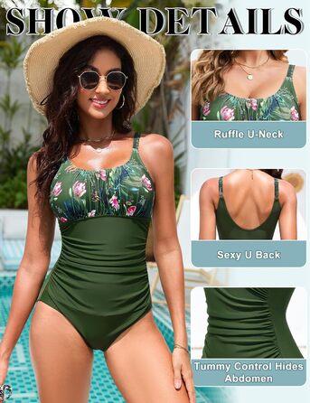 Купальник Vancavoo з пуш-ап та підтримкою живота, одноцільний, відкритий, з рюшами, пляжний, XXL, зелений з принтом
