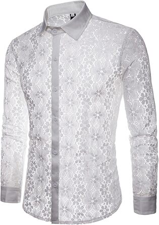 Чоловіча сорочка HanzhuoLG з вирізами, прозора мереживна сорочка з відкладним коміром, довгі рукави, чорна, XL