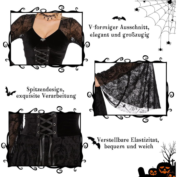 Сукня готична для жінок Herenear, мереживна чорна сукня - з масками та намистом, костюм на Хелловін/Карнавал, ретро середньовічна сукня вампіра, костюм для косплею, коротка чорна сукня XL