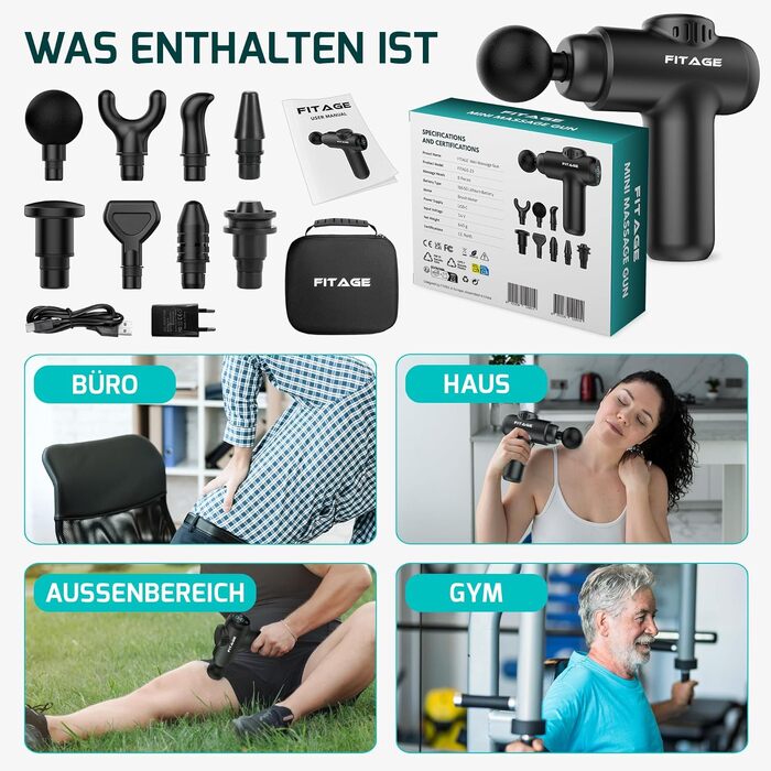 Перкусійний масажер FITAGE Massage Gun — Міні-масажна пістолет з 30 рівнями швидкості, 8 насадками для глибокого масажу м'язів спини, плечей та всього тіла, чорний
