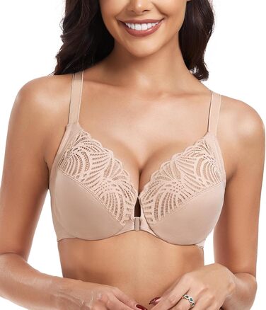 Бюстгальтер жіночий BH з кісточками, закривається спереду, великі розміри, без пуш-ап, м'який, racerback, квітковий принт, мереживо, повна чашка, для великої груди, сильна підтримка, класичний BHS (80E, бежевий)