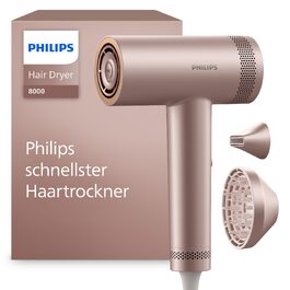 Фен для волосся Philips Series 8000 BHD837/10 з безщітковим DC-двигуном, ThermoShield Advanced, 1400 Вт, Рожеве шампанське (з дифузором та стилізуючою насадкою)