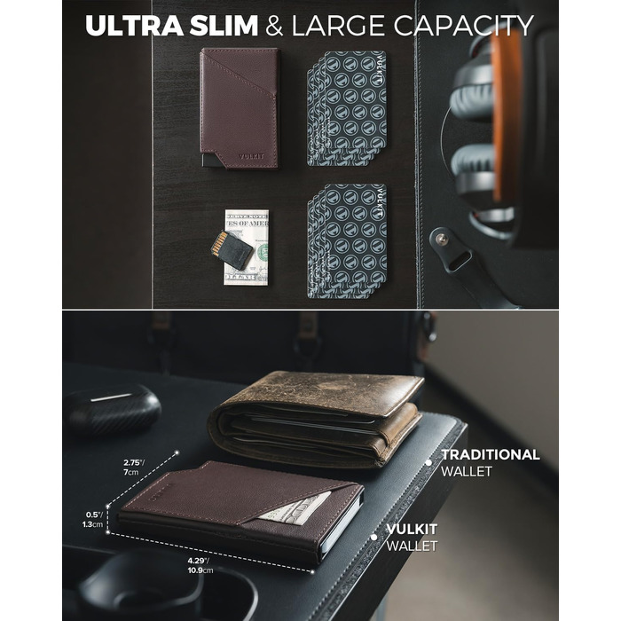 Чоловічий гаманець-картхолдер VULKIT з RFID-захистом та Pop-up механізмом, металевий кейс для карток та відділення для купюр і монет (натуральна шкіра, Espresso)