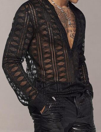 Чоловіча прозора сорочка з довгим рукавом Panegy, мереживна блуза, сітчаста сорочка, облягаючий крій, чорний, XS