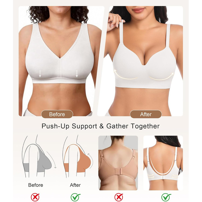 Натлоен ПУХ Up BH: Безкаркашний бюстгальтер для жінок з м'якою підтримкою, подвійний шар чашки, V-подібний виріз, надійний бюстгальтер (Білий, XXL)