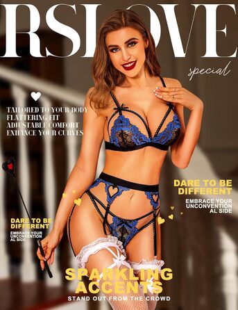 RSLOVE Комплект спідньої білизни для жінок з стрінг-тримачем - 3-частинний мереживний тілсі/боді XL Чорний/Синій