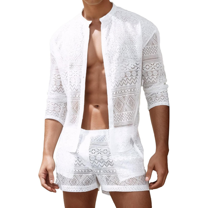 Panegy Комплект чоловічий: мереживчата шорти та сорочка з прозорої сітки, на ґудзиках, білий (S)