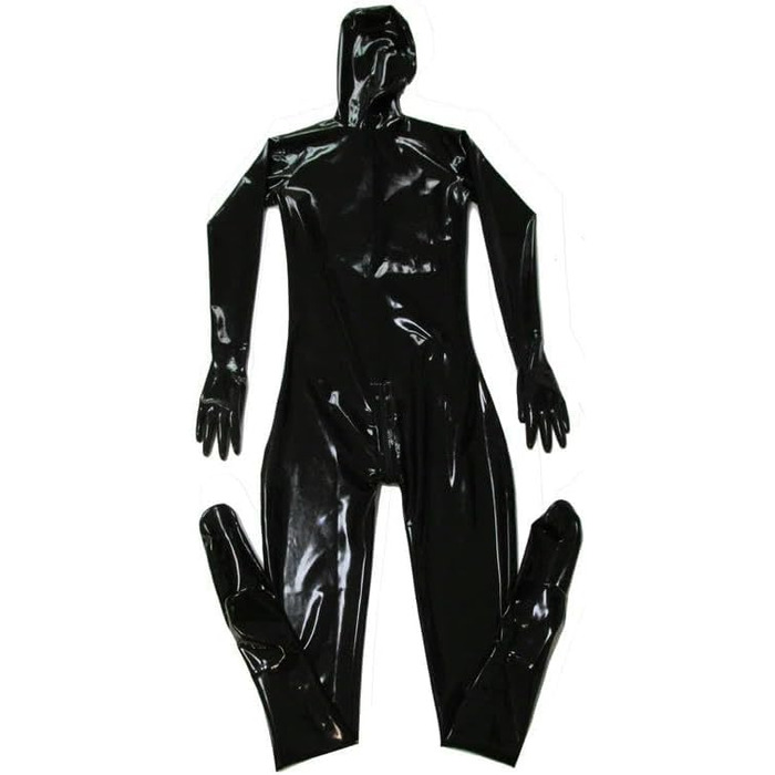 Комбінезон-костюм з латексу для чоловіків GAYLOP з капюшоном, рукавичками та шкарпетками. Чорний латексний боді з капюшоном, повний костюм.