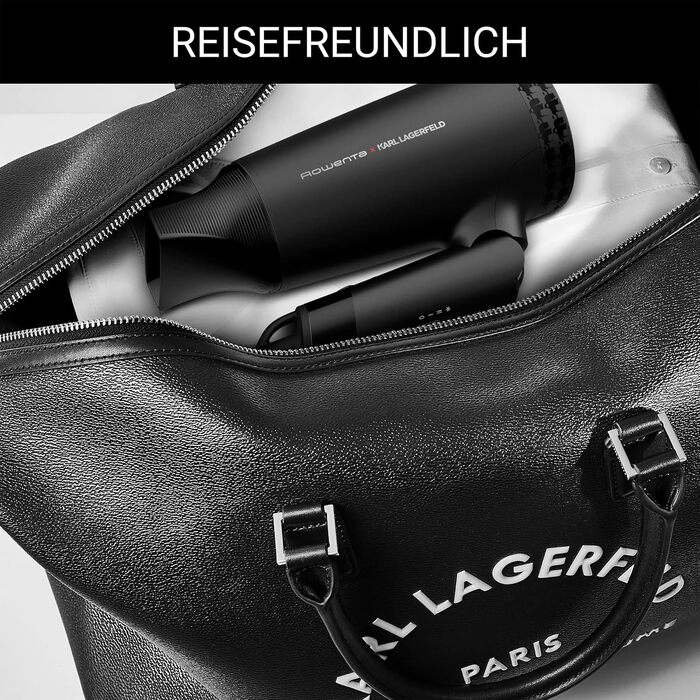 Компактний дорожній фен Rowenta x Karl Lagerfeld CV184L Express Style, чорний — складаний, ультралегкий, з функцією Glanz-Booster та Dual-Volt