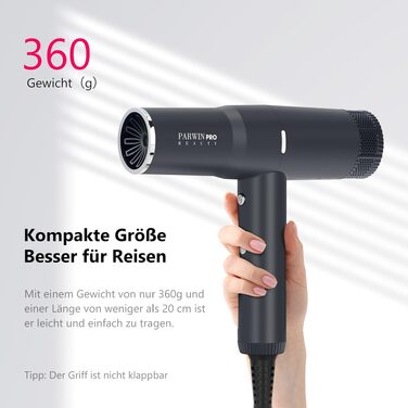 Професійний іонний фен для волосся PARWIN PRO BEAUTY з безщітковим двигуном 110,000 RPM, магнітним дифузором та LCD-дисплеєм, низький рівень шуму, колір Rose/Graphitschwarz