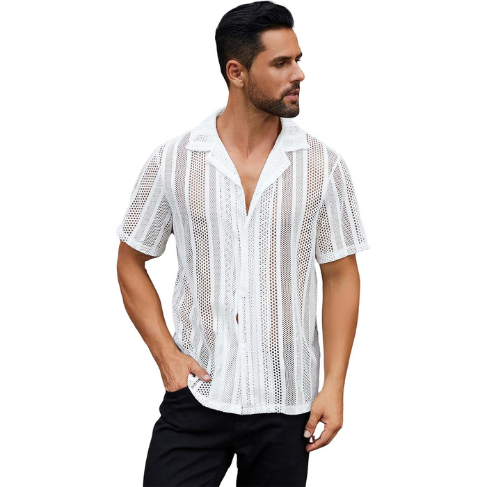 Чоловіча прозора сорочка-сітка Abehik Kurzarm Rave Shirt для вечірок та клубу, сексуальний набір для Swingercub (білий, XXL)