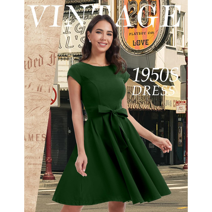 Сукня Dressystar вінтажна 50-х років з короткими рукавами в горошок, темно-зелена, розмір L