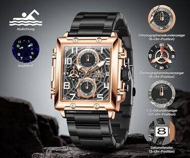 Чоловічий наручний годинник OLEVS Chronograph — класичний кварцовий годинник зі шкіряним ремінцем, водонепроникний, з календарем (Чорний/Розове золото, 2958)