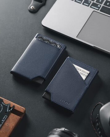Чоловічий гаманець-картхолдер VULKIT Pop-up з RFID-захистом, металевий слімак з натуральної шкіри корови для кредитних карток, купюр та монет, темно-синій