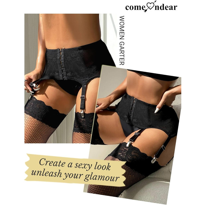Гіртер (стрінг) з широким поясом Comeondear для жінок, розмір M-L, чорний. Комплект спідньої білизни з мереживом, 6 регульованих кліпсів, для пишних жінок, висока талія.