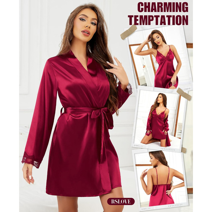 Комплект ніжної піжами RSLOVE Daen Satin з мереживом: халат та трусики (бордовий, L)