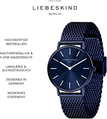 Жіночий наручний годинник Liebeskind Berlin: круглий кварцовий механізм, 34мм, міланський плетивий ремінець, водонепроникність 5ATM, синій
