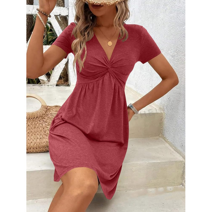 Елегантна жіноча сукня Soerkleid з V-подібним вирізом, А-силуету, рожева, розмір XXL — літня пляжна сукня з високою талією та вузлом