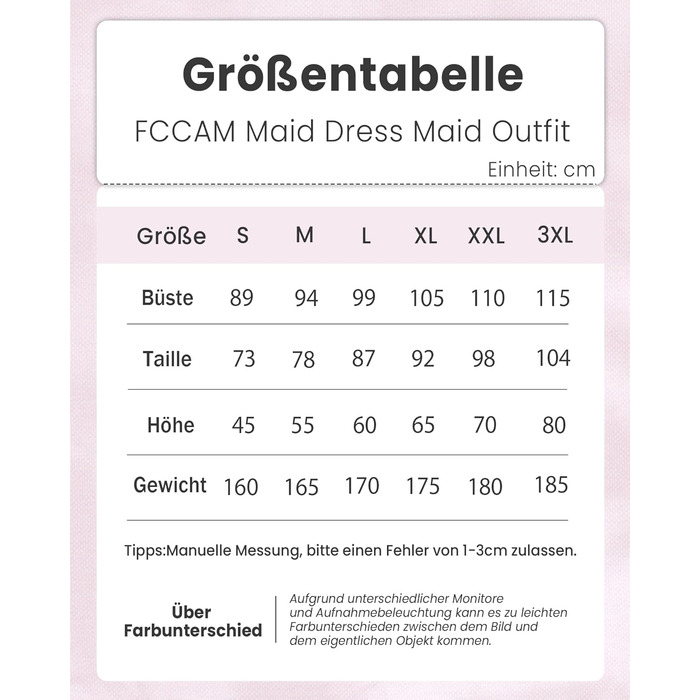 Костюм покоївки FCCAM CCAM: костюм покоївки, костюм служниці, косплей, костюм офіціантки (рожевий, 3XL)