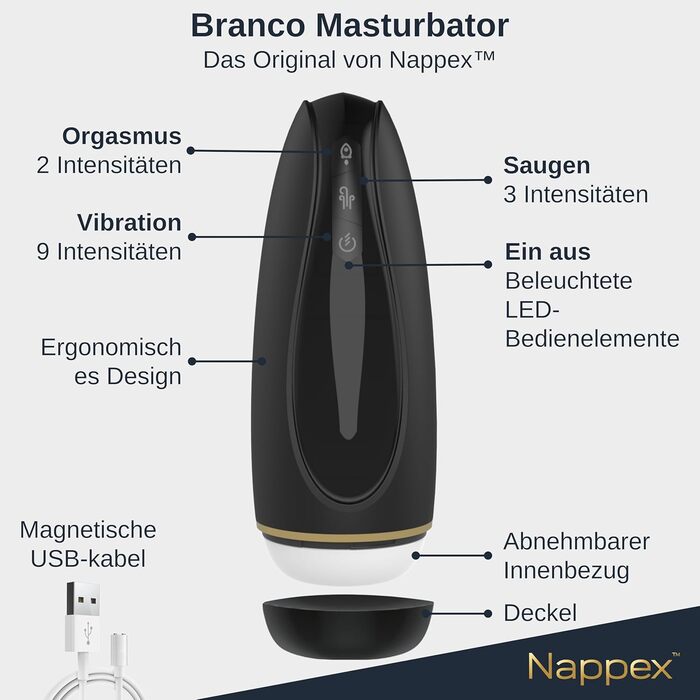 Електричний мастубатор для чоловіків Nappex Branco з потужним всмоктуванням та вібрацією, режим оргазму, чорний