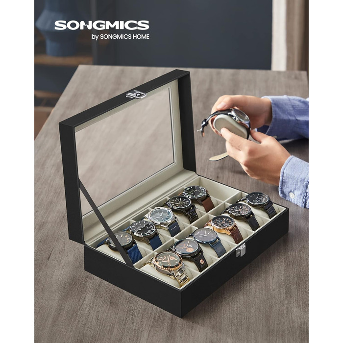 Бокс для годинників SONGMICS на 12 відділень з кришкою зі скла, знімними подушками та оксамитовою підкладкою, PU-шкіра, чорний/зелено-бежевий