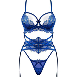 Сексуальний жіночий комплект спідньої білизни з мережива: бюстгальтер, трусики та пояс, колір нічний синій, розмір 75B