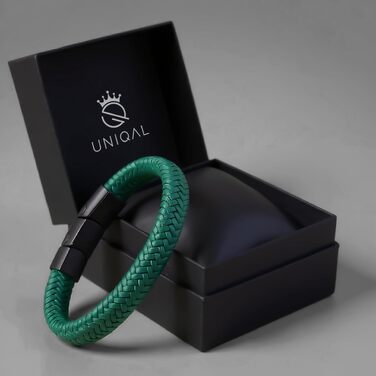 Чоловічий шкіряний браслет UNIQAL 'BRAID' з нержавіючої сталі, плетений, чорний з зеленим, 21 см (у подарунковій коробці)
