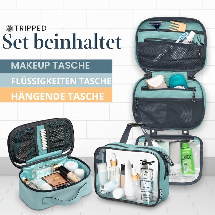 Набір дорожніх косметичок Dusty Teal: підвісна сумка для гігієни, сумка для рідин TSA та ультралегкий органайзер для аксесуарів