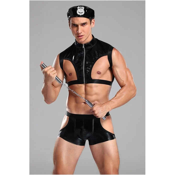 Чоловічий сексуальний костюм поліцейського з імітації шкіри, комбінезон Onesie, для косплею та сцени