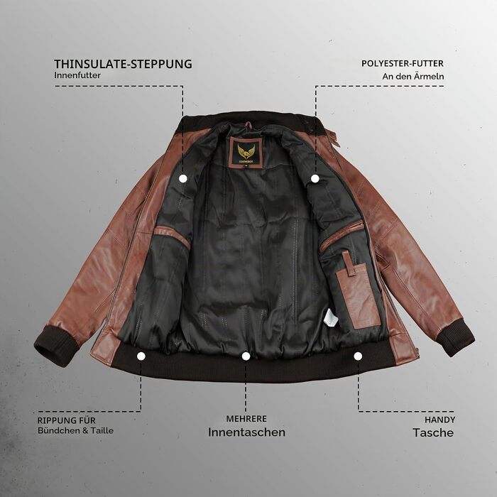 Чоловіча шкіряна куртка Leatherick Premium з натурального ягнячого хутра, з відстібним капюшоном та 7 кишенями, коричнева, розмір XXL