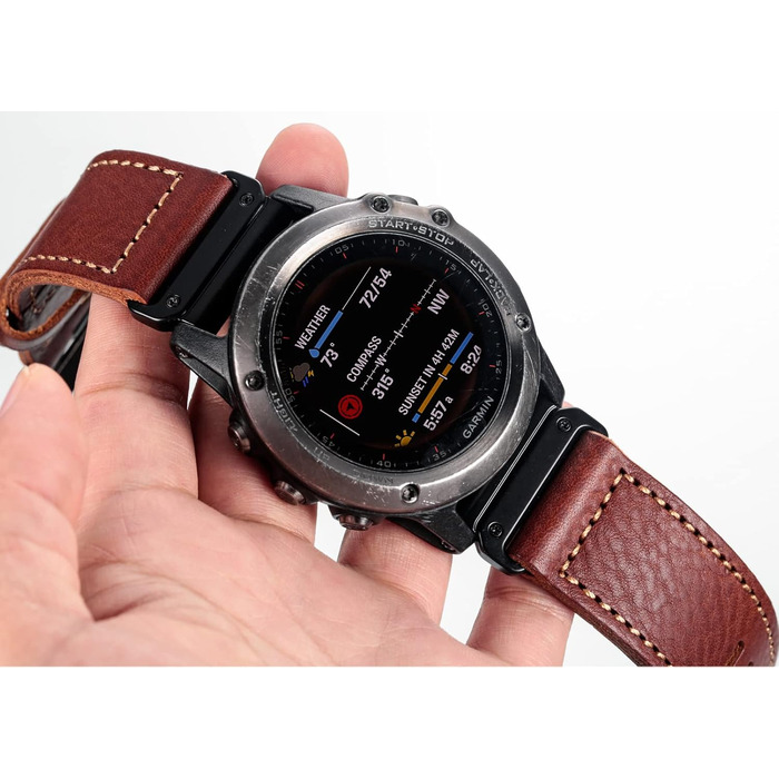 Шкіряний ремінець для годинника Garmin (22мм) — Ретро-вінтажний замінний браслет для Fenix, Forerunner, Vivoactive, Approach, MARQ, Quatix, D2, коричневий з білим швом
