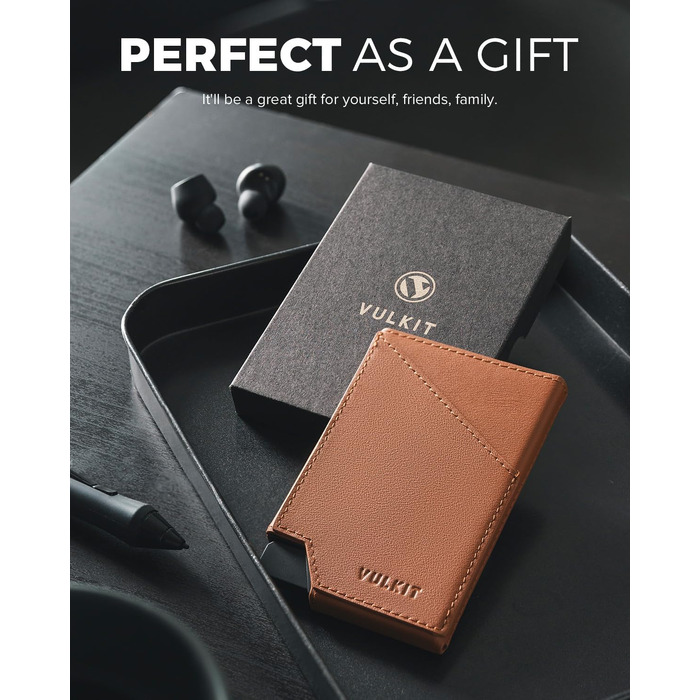 Гаманець-картхолдер VULKIT Pop-up з RFID-захистом, металевий алюмінієвий чохол для карток з відділенням для купюр та монет, натуральна шкіра (Коричневий)