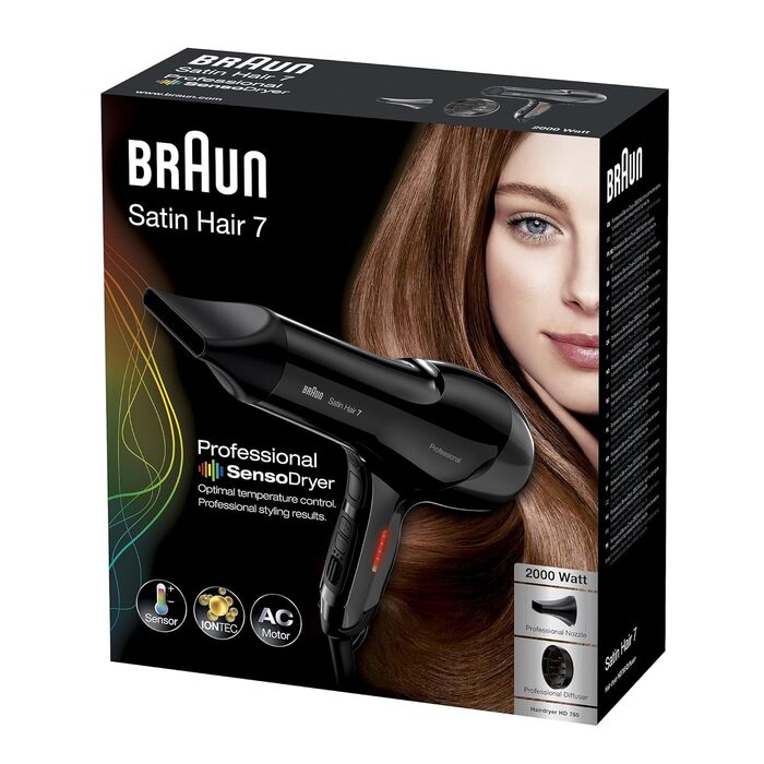 Професійний фен для волосся Braun Satin Hair 7 SensoDryer HD785 з термосенсором, IonTec та дифузором, чорний