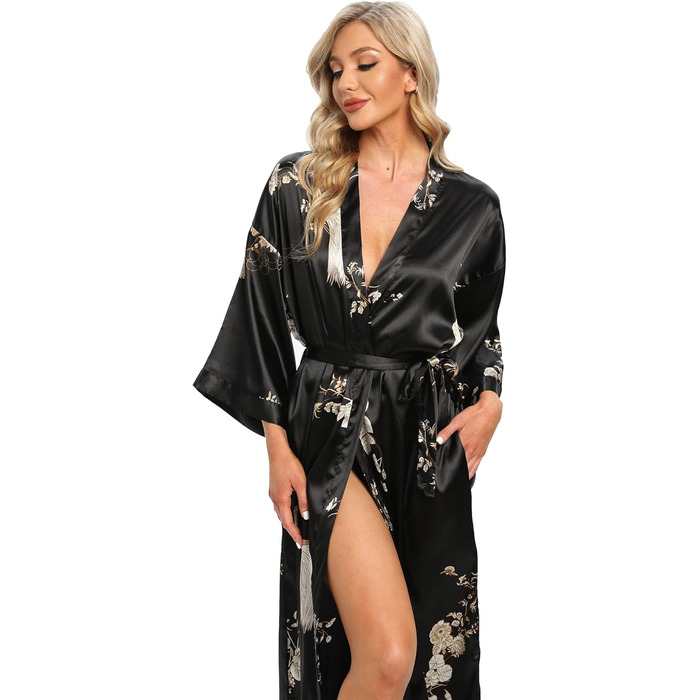 Жіночий халат з довгим рукавом з шовку, сатин, кімоно, квітковий принт, чорний, універсальний розмір
