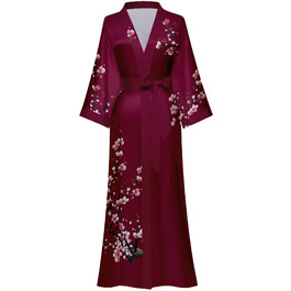 Жіночий халат з довгим рукавом з шовку, сатин, кімоно, квітковий принт, універсальний розмір (квіт павловнія, винний)