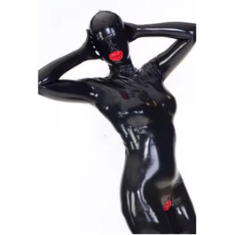 Латексні штани з капюшоном GAYLOP: комбінезон-костюм з рукавичками та шкарпетками, 3D чашки, чорний, розмір M