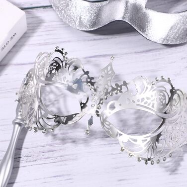 Венеціанська маска для пари JewelryWe з держаком, металева маска з кристалами Swarovski для карнавалу, Хелловіну, вечірки-маскараду (срібна)