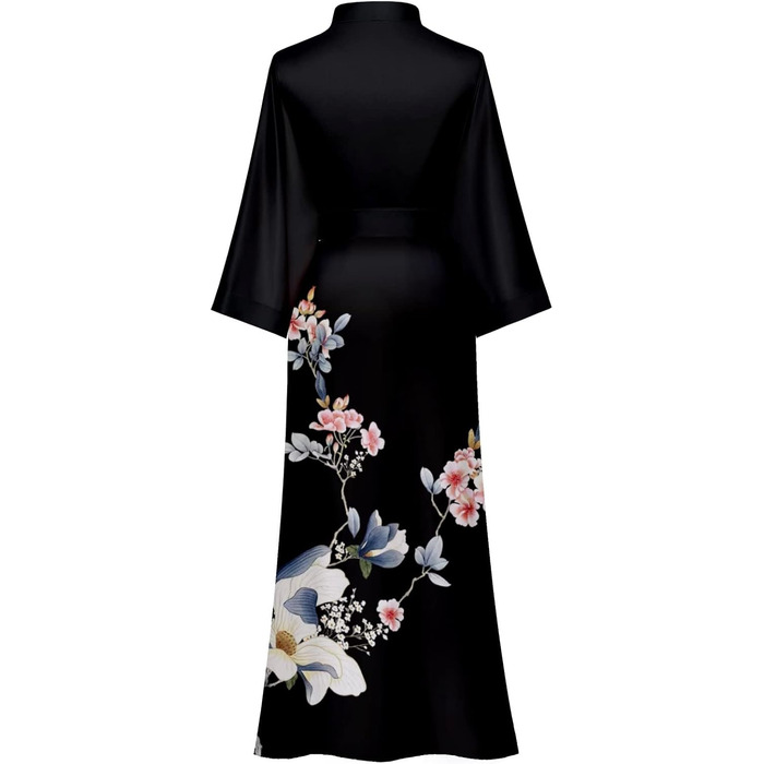 Жіночий шовковий халат-кімоно Moreone з квітковим принтом, довгий, атласний, для нареченої та дружок, нічна сорочка (Чорний, 6)