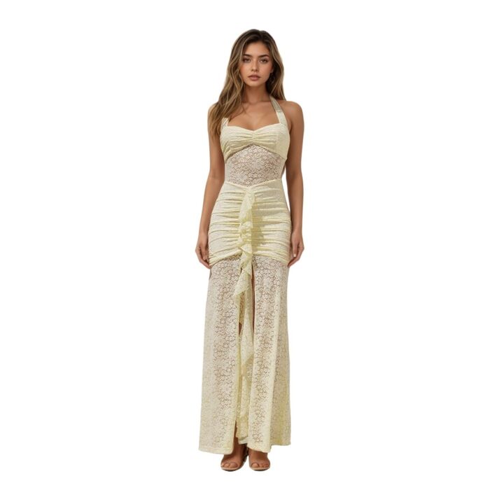 Сукня-максі Pitzenkleid прозора жовта, розмір S: ексклюзивний літній образ для вечірок та відпочинку