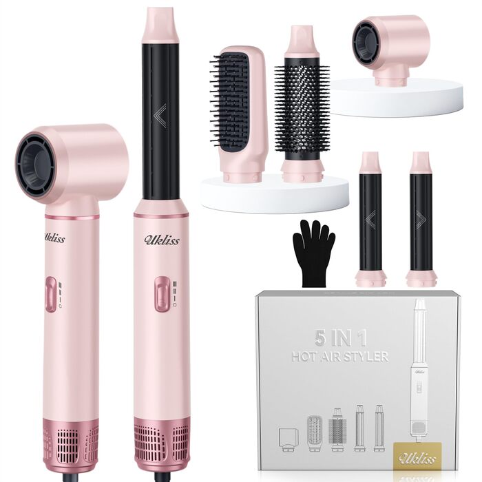 Мультистайлер для волосся 5 в 1 UKLISS Airstyler: фен, вирівнювач, круглі щітки та локони, чорний/рожевий